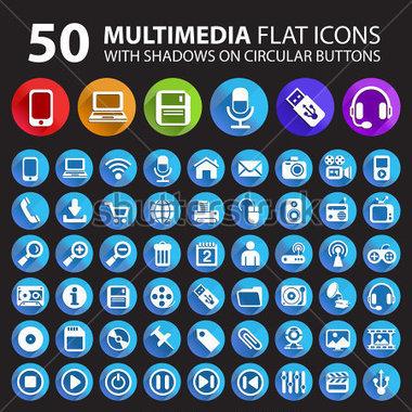 50 个多媒体平面图标上圆形的按钮的影子.